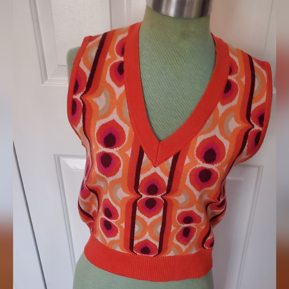 Anthropologie Orange & Pink Retro V-Neck Sweater Vest